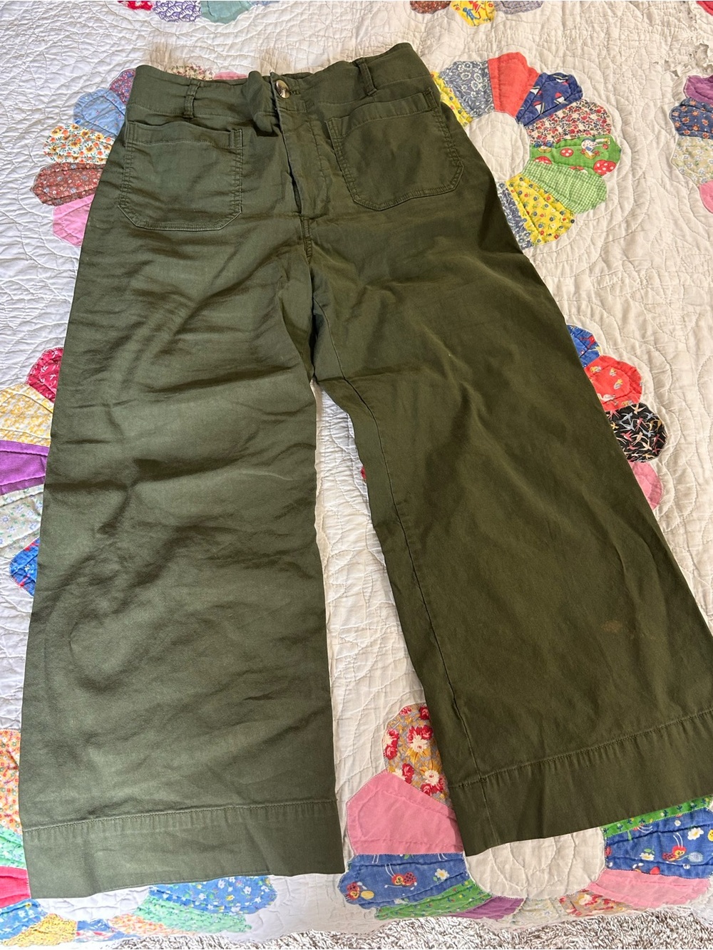 Maeve Anthropologie The Colette Wide Leg Pants Olive Green Linen Blend Size 30